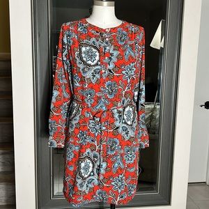 Loft Paisley Henley Long Sleeve Tie Waist Shift Dress small